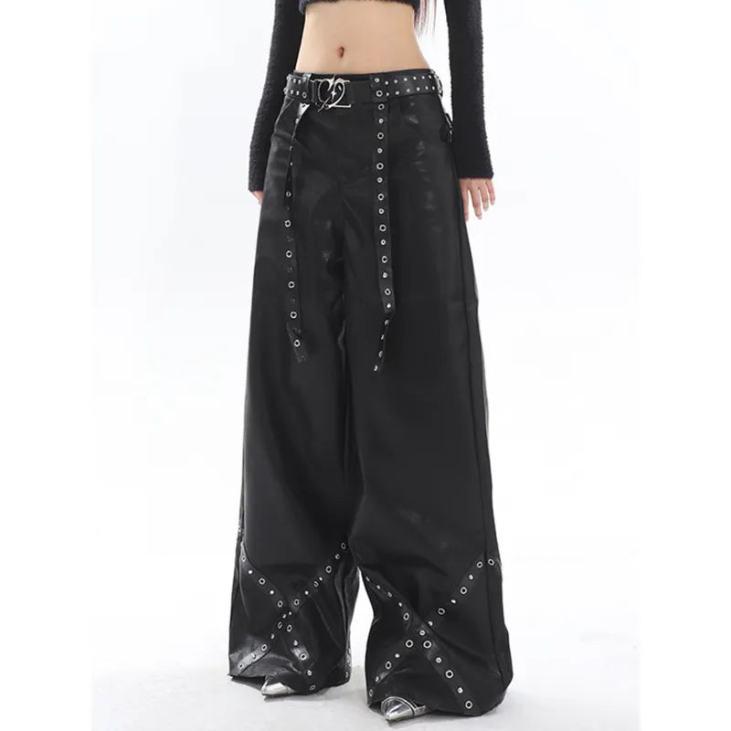 High-Fashion Metal-Accented Wide Leg Leather Pants